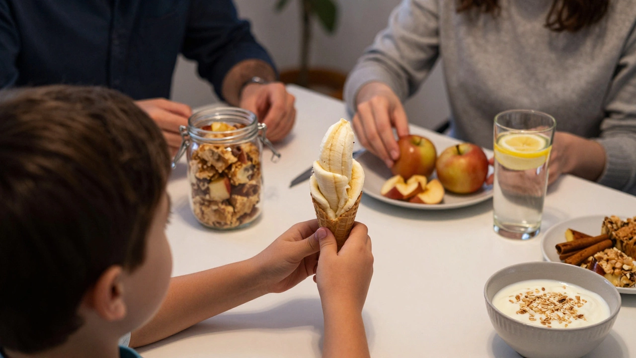 Ребёнок ест мороженое из замороженных бананов, на столе — запечённые яблоки и вода с лимоном.