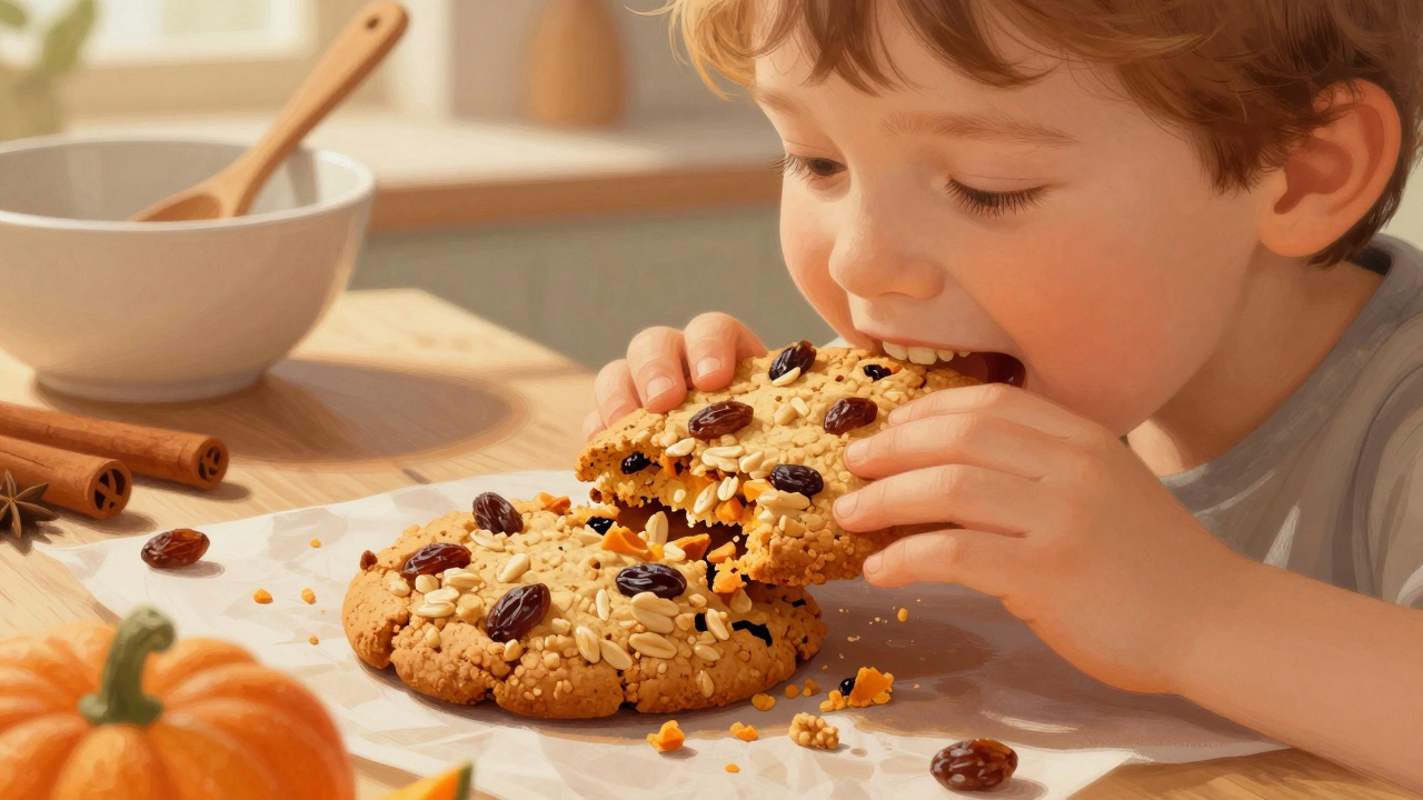 Ребёнок ест овсяное печенье с тыквой и изюмом
