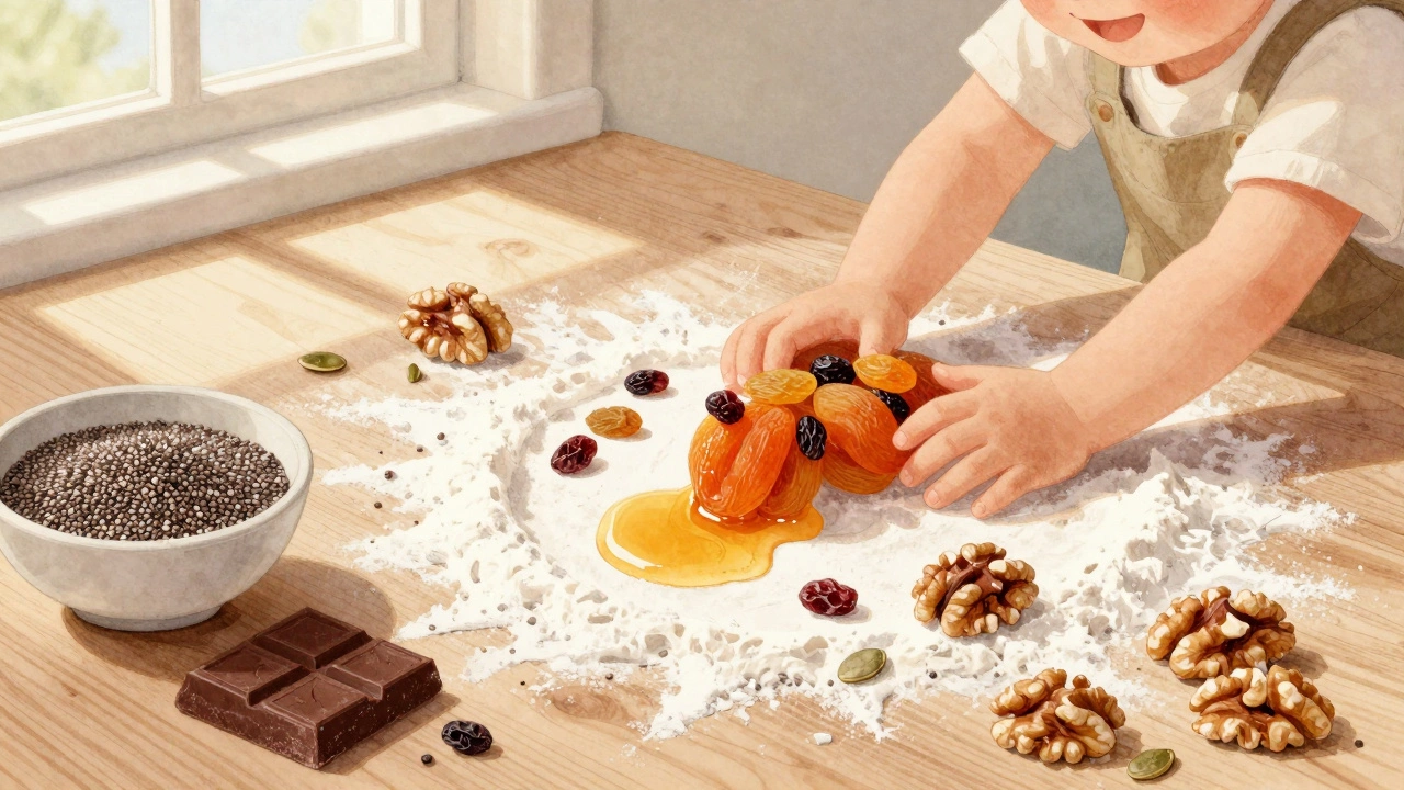 Ребёнок катает домашние энергетические шарики из сухофруктов и орехов на деревянном столе.