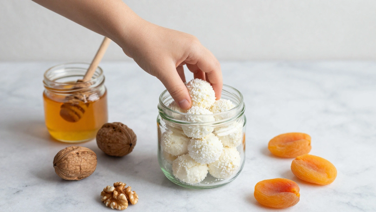 Рука ребёнка берёт творожный шарик из стеклянной банки