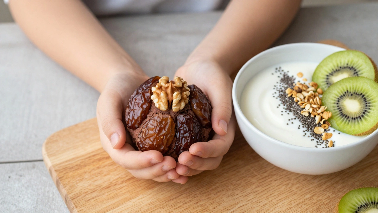 Рука ребёнка держит энергетический шарик из фиников и какао рядом с йогуртом и ягодами.