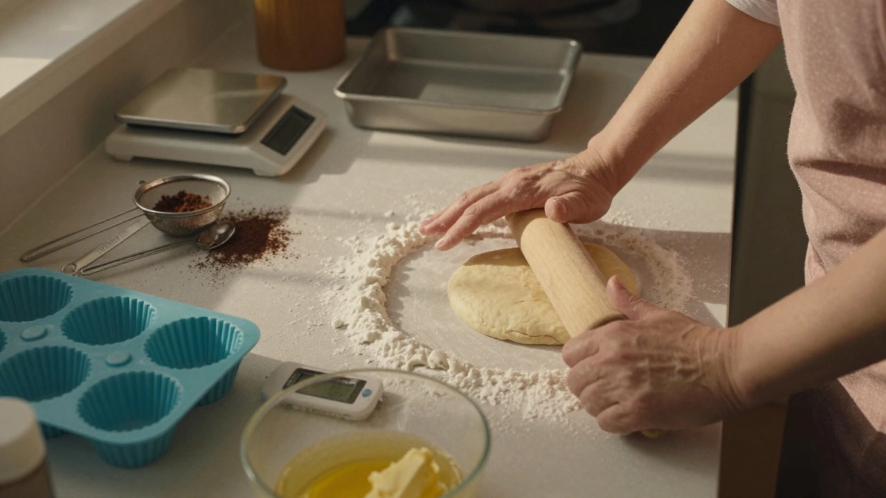 Руки раскатывают тесто деревянной скалкой, рядом мерные ложки и силиконовые формы.