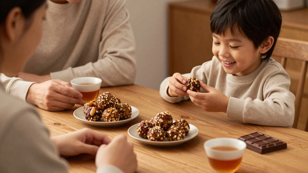 Семья ужинает с орехово-сухофруктовыми шариками и тёмным шоколадом.