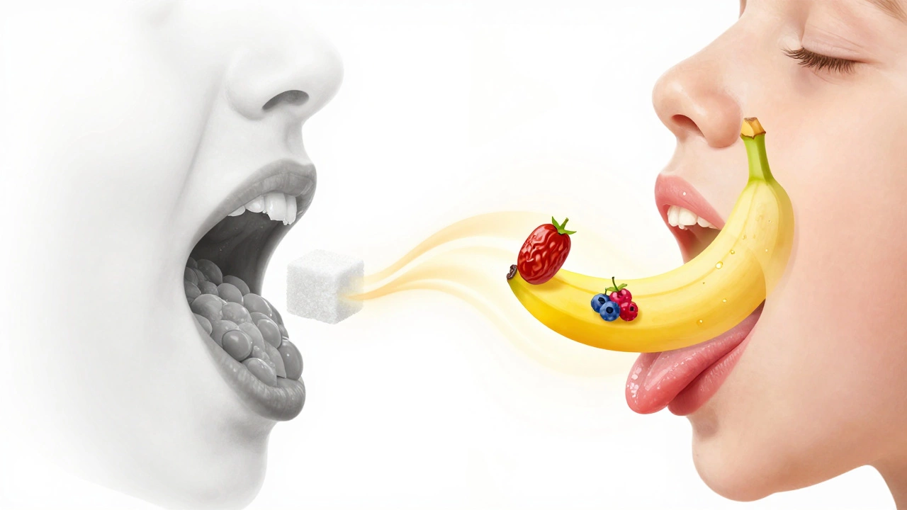 Схематичное изображение вкусовых рецепторов, меняющихся от сахара к фруктам.