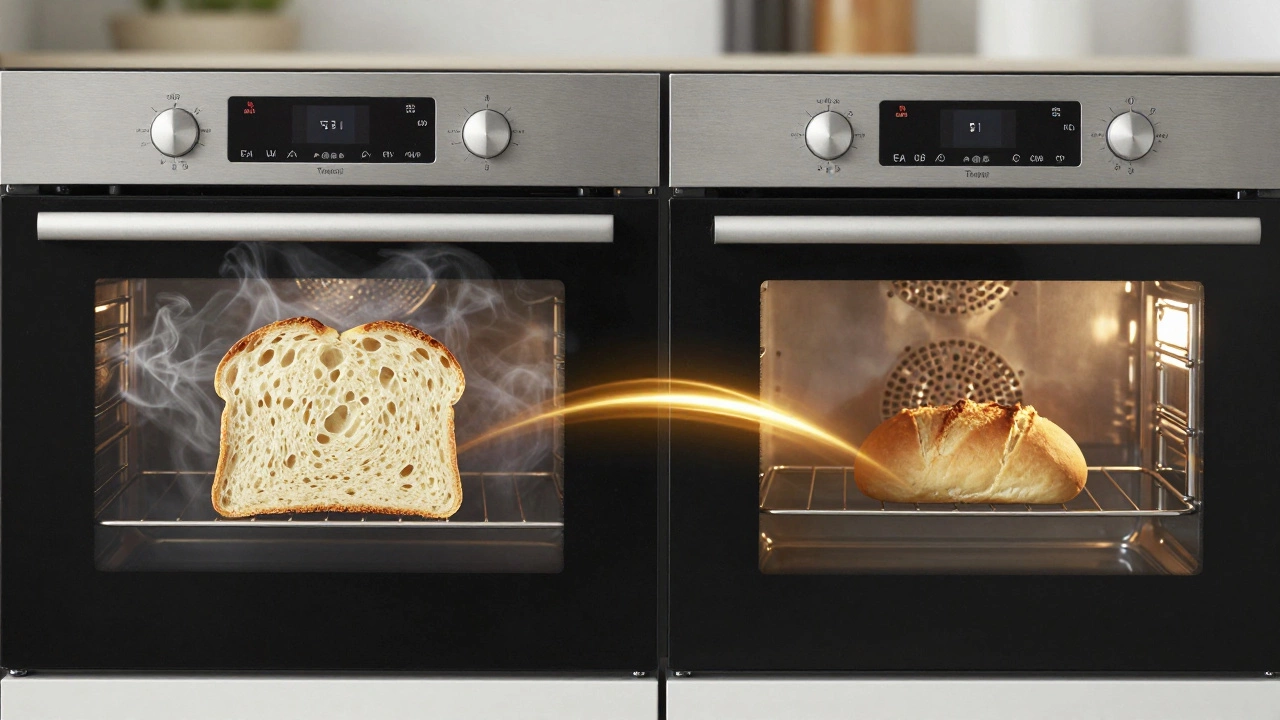 Split image: Thermador's precision baking vs Bosch's simple reliability, connected by rising heat.