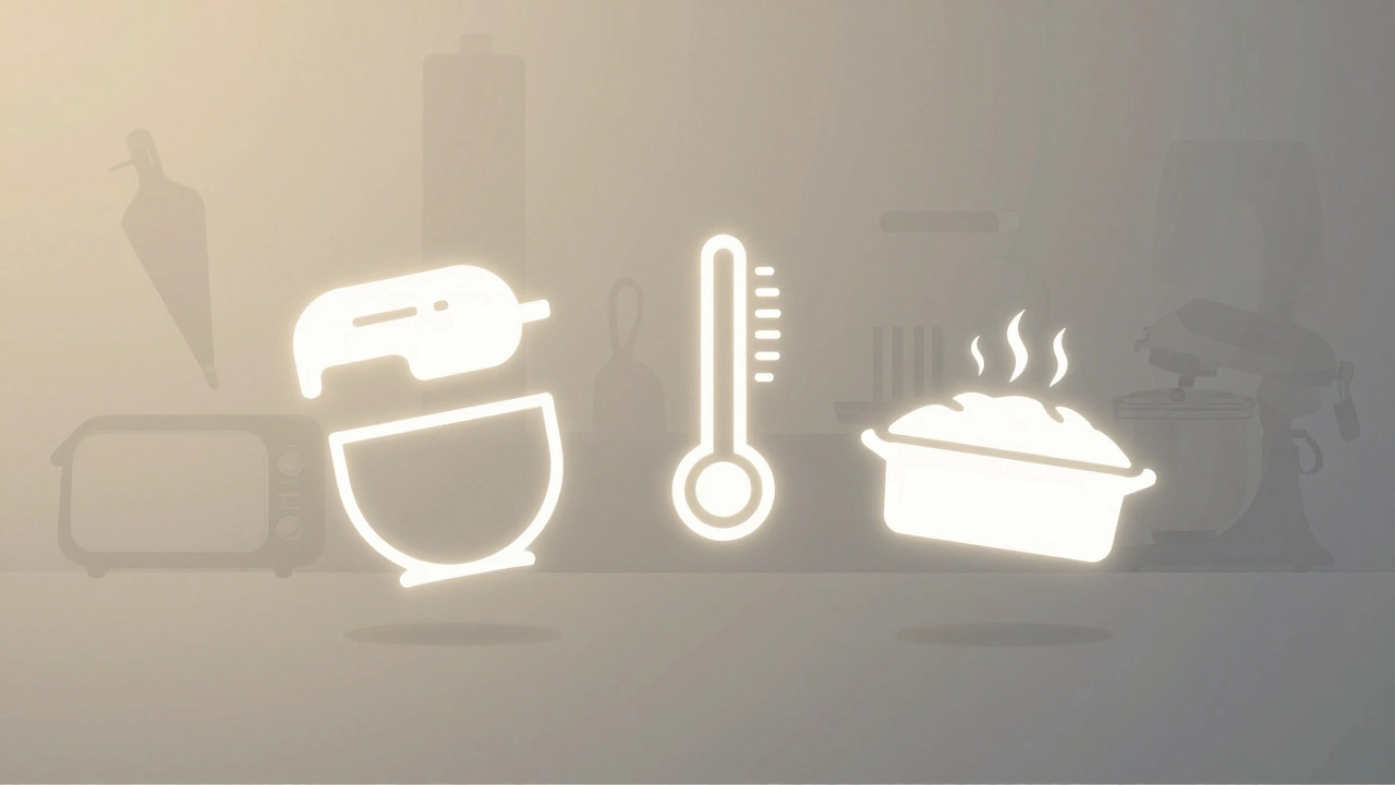 Три светящихся инструмента для выпечки на фоне затухающих ненужных приборов.