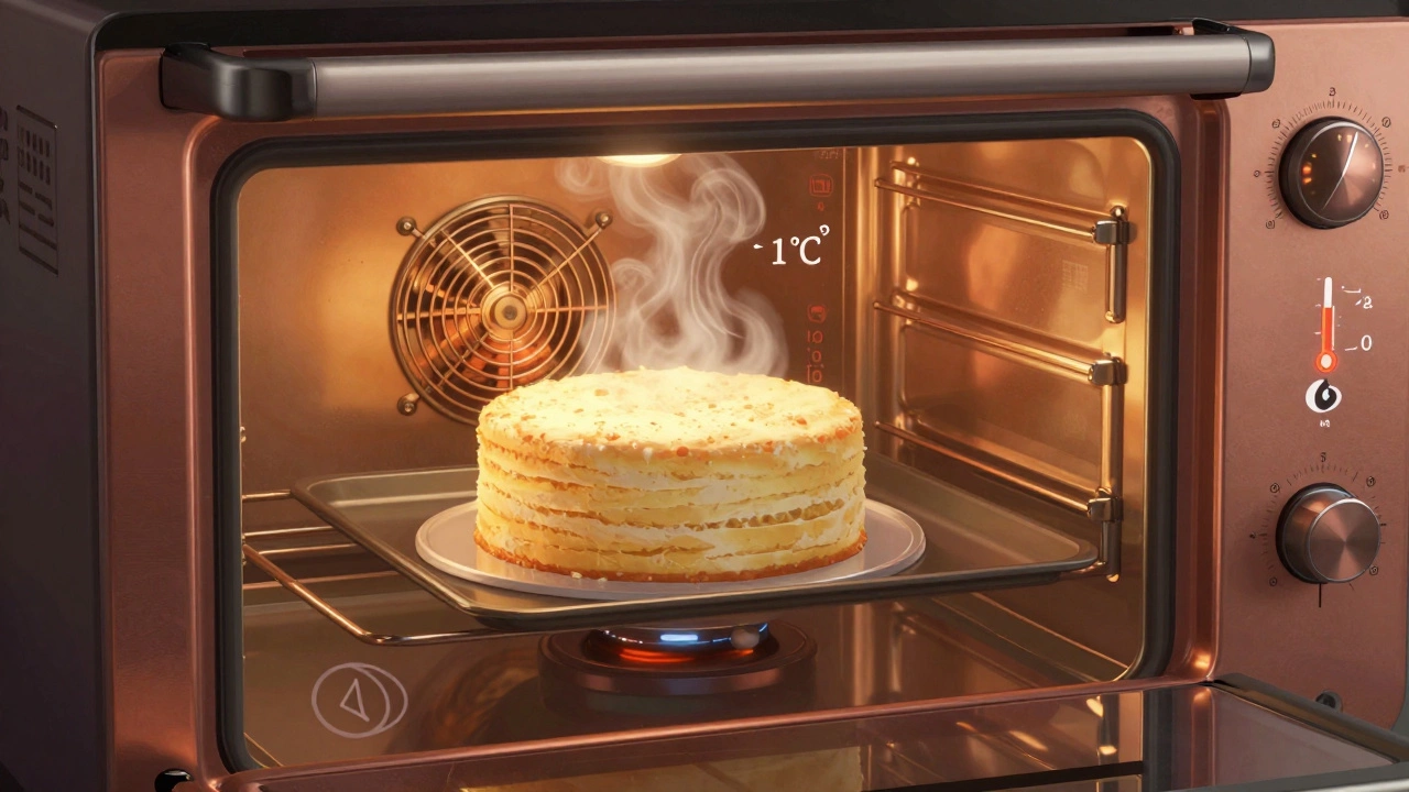 Внутри духовки виден вентилятор и датчики, торт равномерно поднимается, пар стелется вокруг.