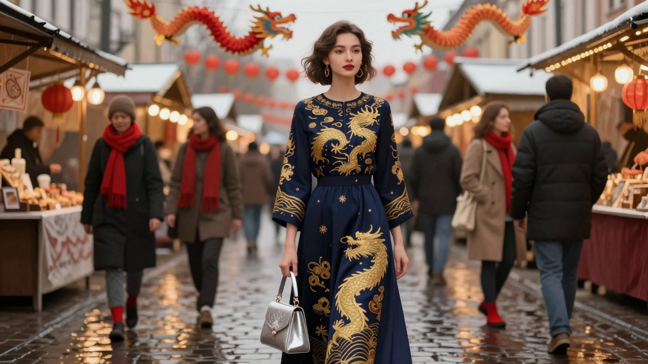 Женщина в тёмно-синем платье с золотой вышивкой драконов в оживлённом рынке с акцентами красного.