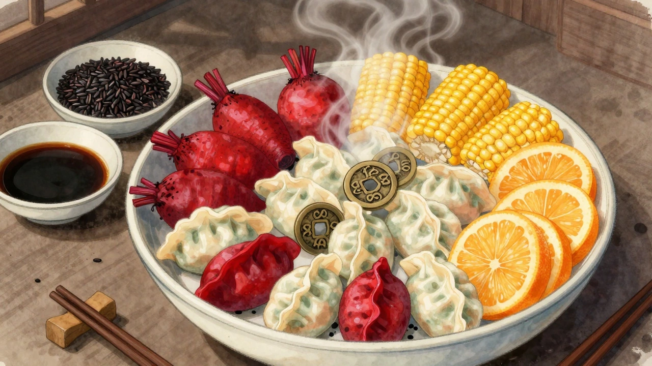 Яркие красные и золотые продукты рядом с тёмными, запрещёнными ингредиентами на кухне