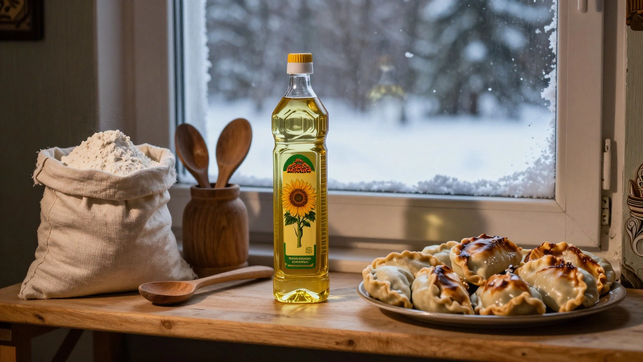 Бутылка рафинированного подсолнечного масла на полке с мукой и домашней выпечкой.