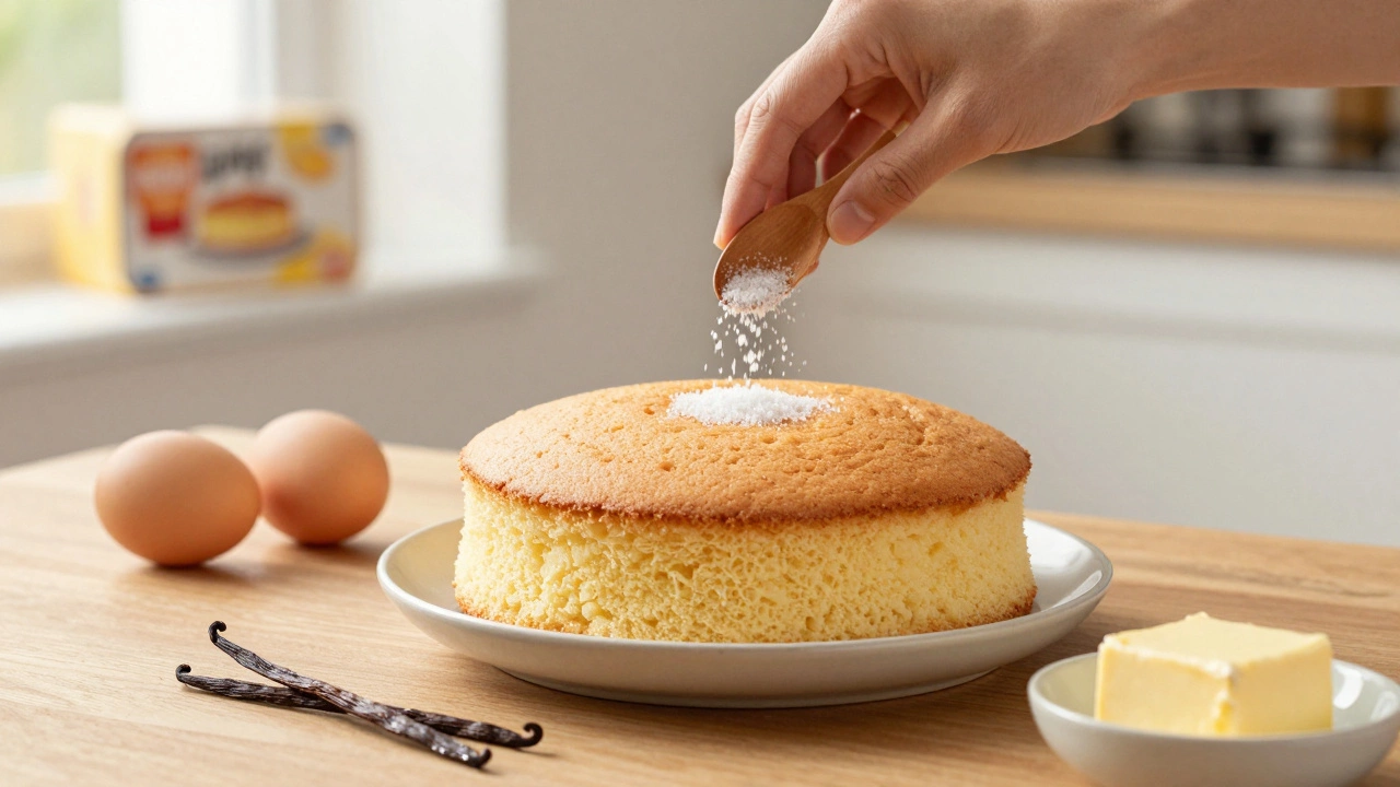 Домашний ванильный бисквит на деревянном столе с натуральными ингредиентами: яйцами, сахаром и стручком ванили.