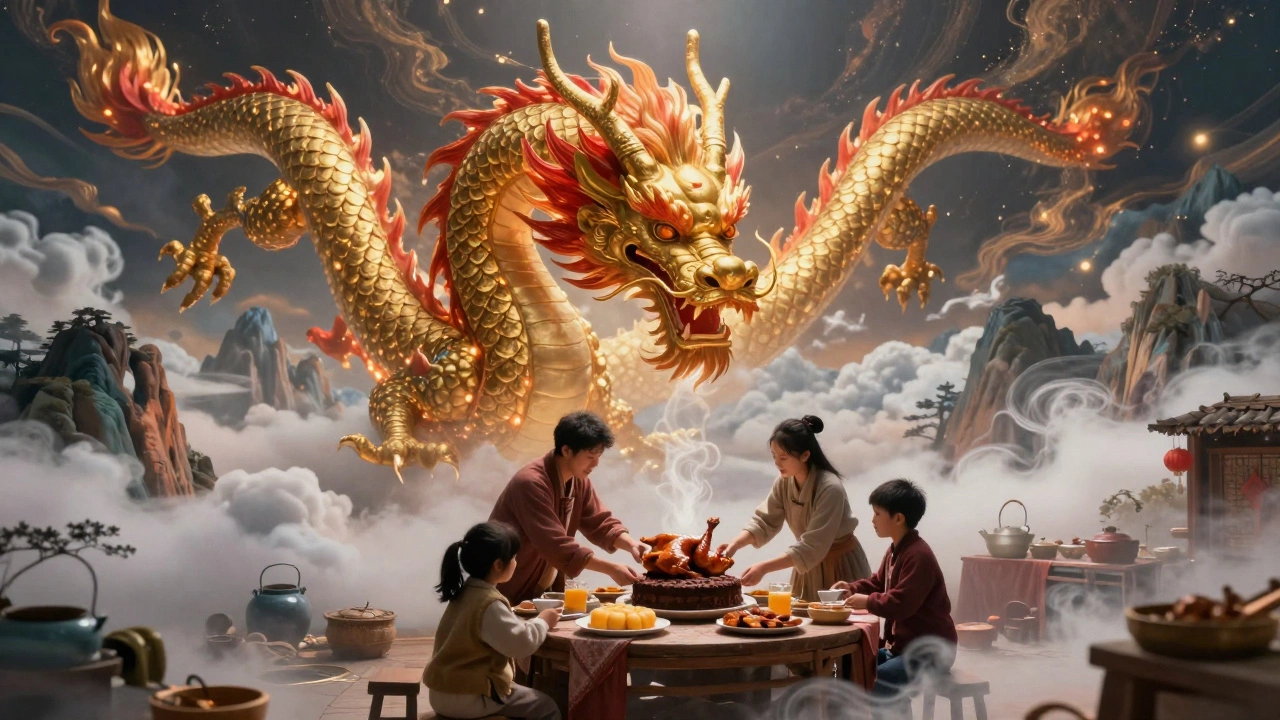 Дракон в небе наблюдает, как семья заменяет запрещённые блюда на удачные для Нового года
