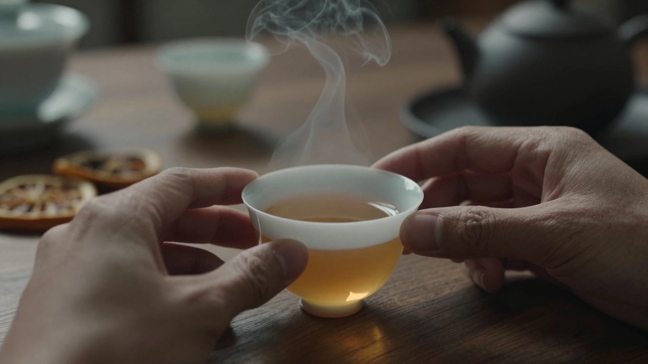 Два пальца легкими движениями стучат по краю чайной чашки, над чашкой поднимается пар.