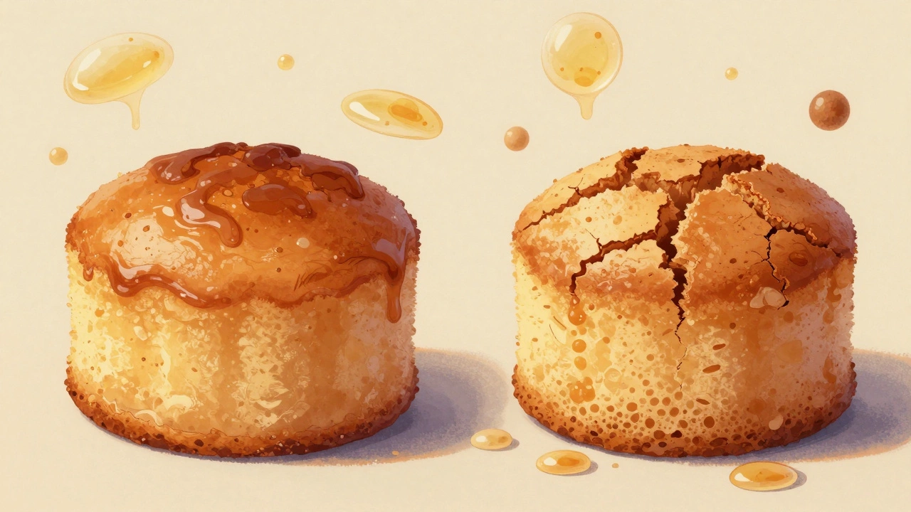 Два пирога: один влажный и блестящий, другой сухой и треснувший.