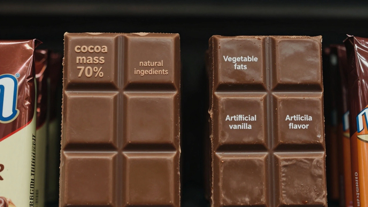 Два шоколадных батончика рядом: один с натуральными ингредиентами, другой с растительными жирами и ароматизаторами.