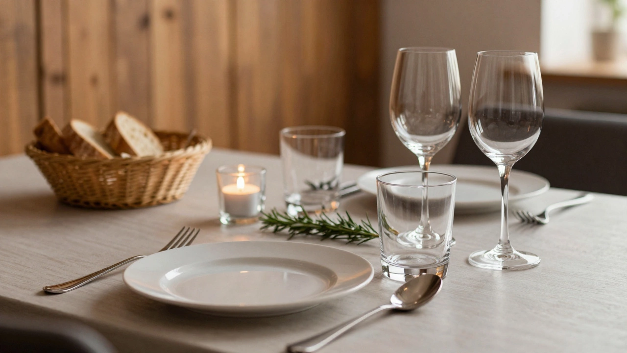 Формальный обеденный стол с двумя бокалами, салатной вилкой и десертной ложкой, свечой и веточкой розмарина.