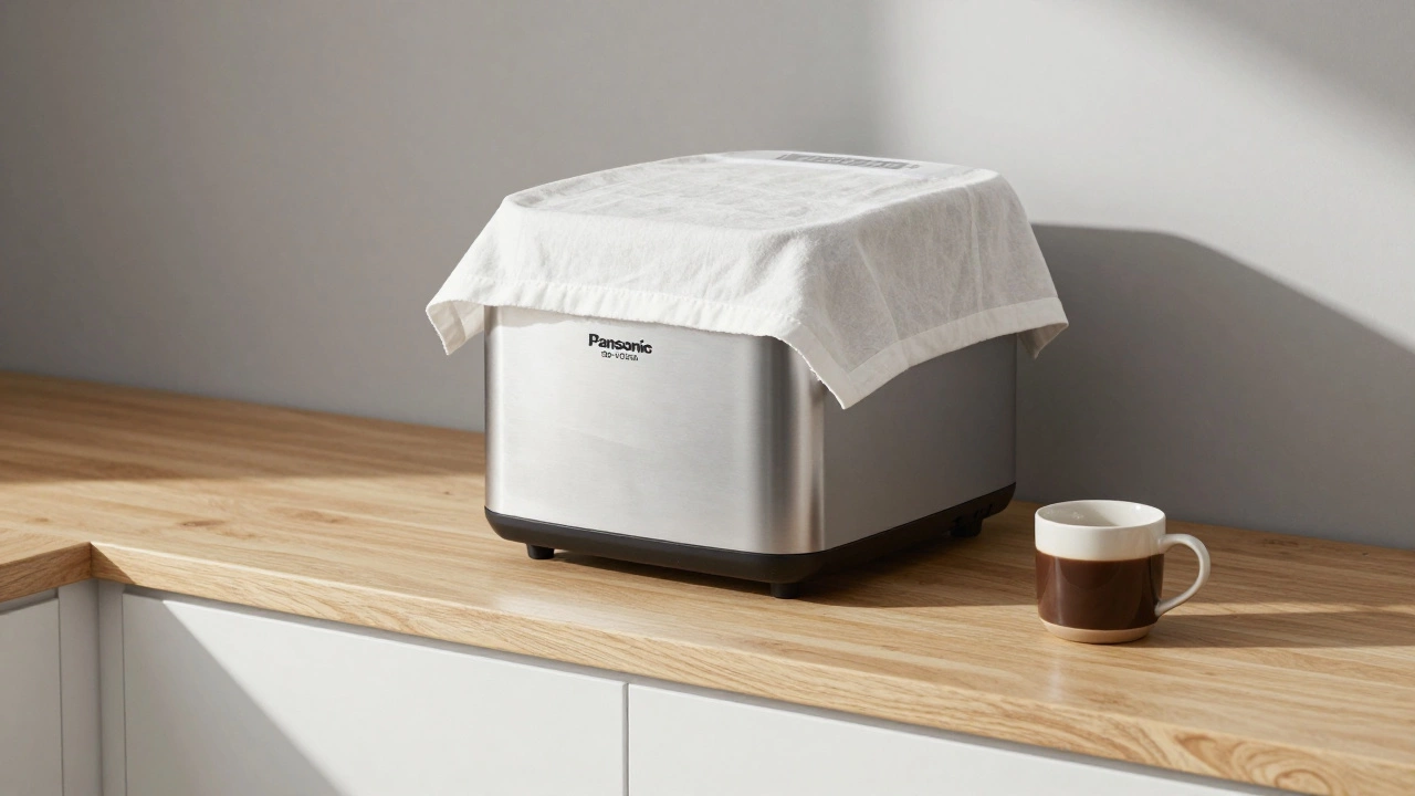 Хлебопечка Panasonic на деревянной подставке с белой тканью, рядом кружка кофе, чистая и спокойная белая кухня.
