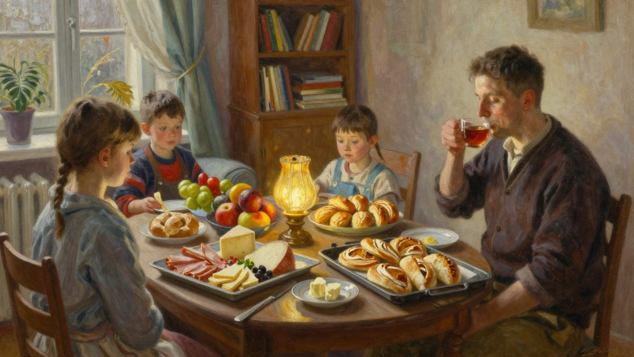 Хозяйка пьет чай, а гости едят с подносов: сыр, горячие пирожки, фрукты и хлеб на разных столах в уютной комнате.