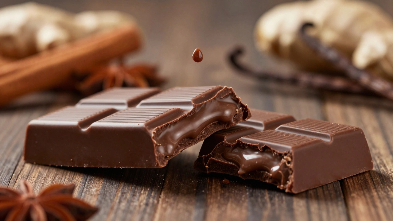 Качественный шоколад ломается идеально, а поддельный — жирный и тусклый, рядом — специи.