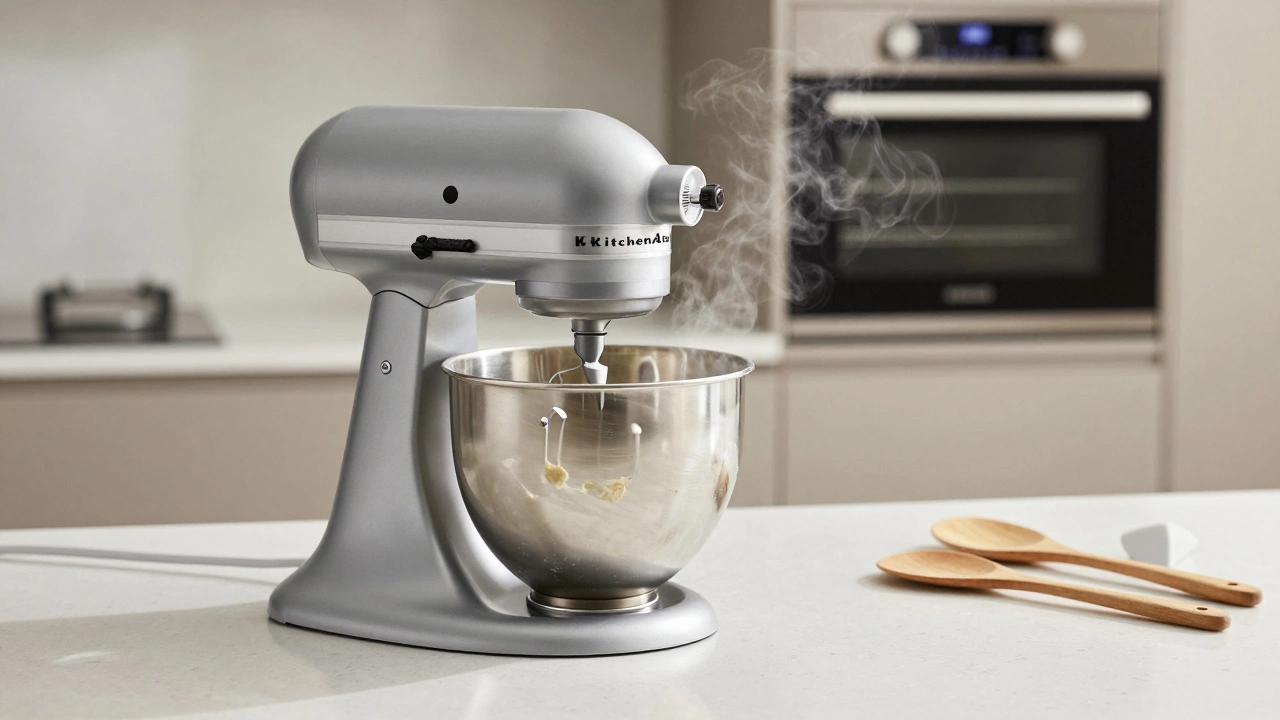 Матовый серебряный стационарный миксер KitchenAid с тестом на крюке, на белой столешнице, мягкий свет и минимализм.