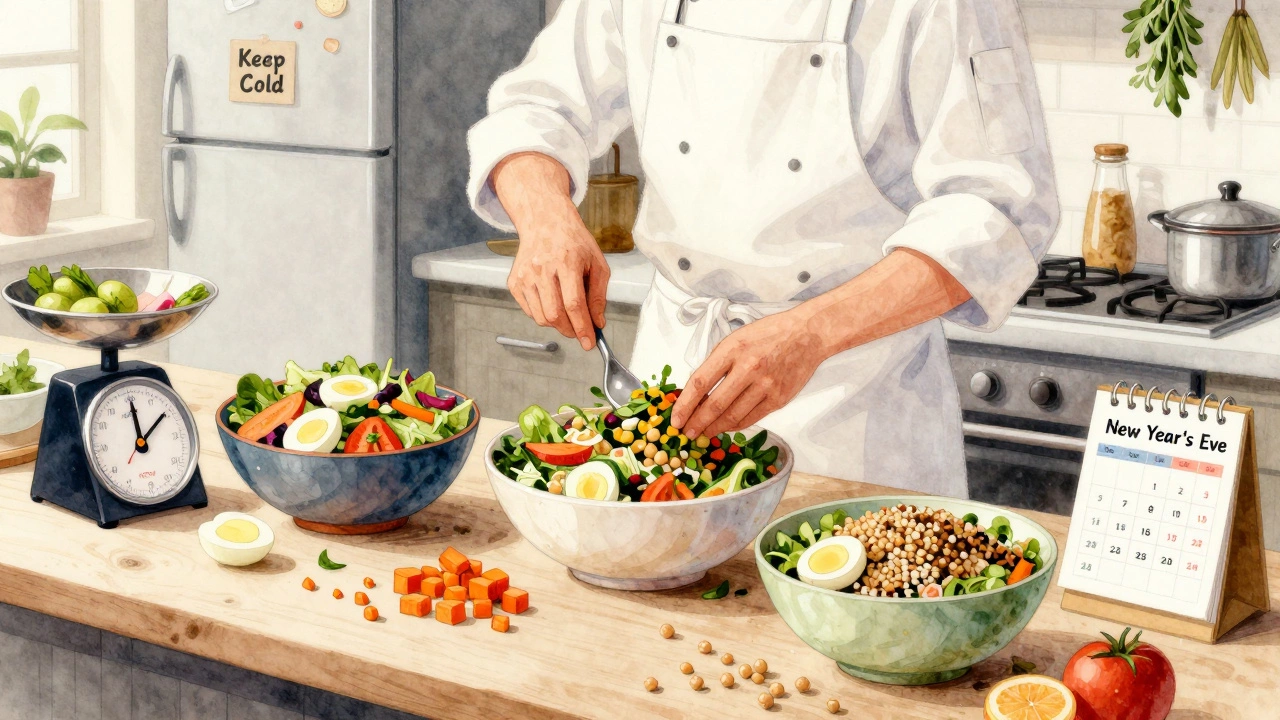 Повар распределяет 5 кг салатов по трем мискам на кухонной стойке.