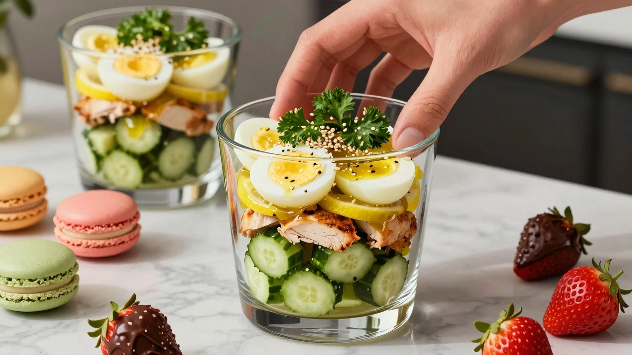 Прозрачный стакан с многослойным салатом: овощи, яйца, курица и заправка, готовый к перемешиванию.