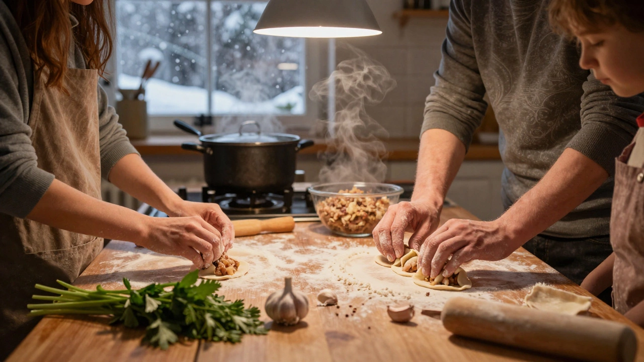 Семья лепит пельмени вместе на деревянном столе, вокруг — мука, чеснок и травы.