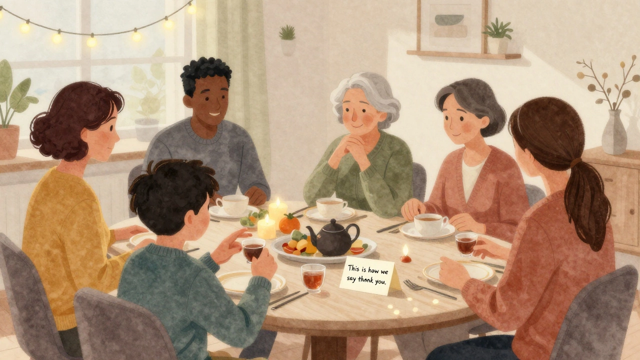 Семейный ужин в новогоднюю ночь: дети и взрослые вместе наливают чай и стучат пальцами в знак уважения.