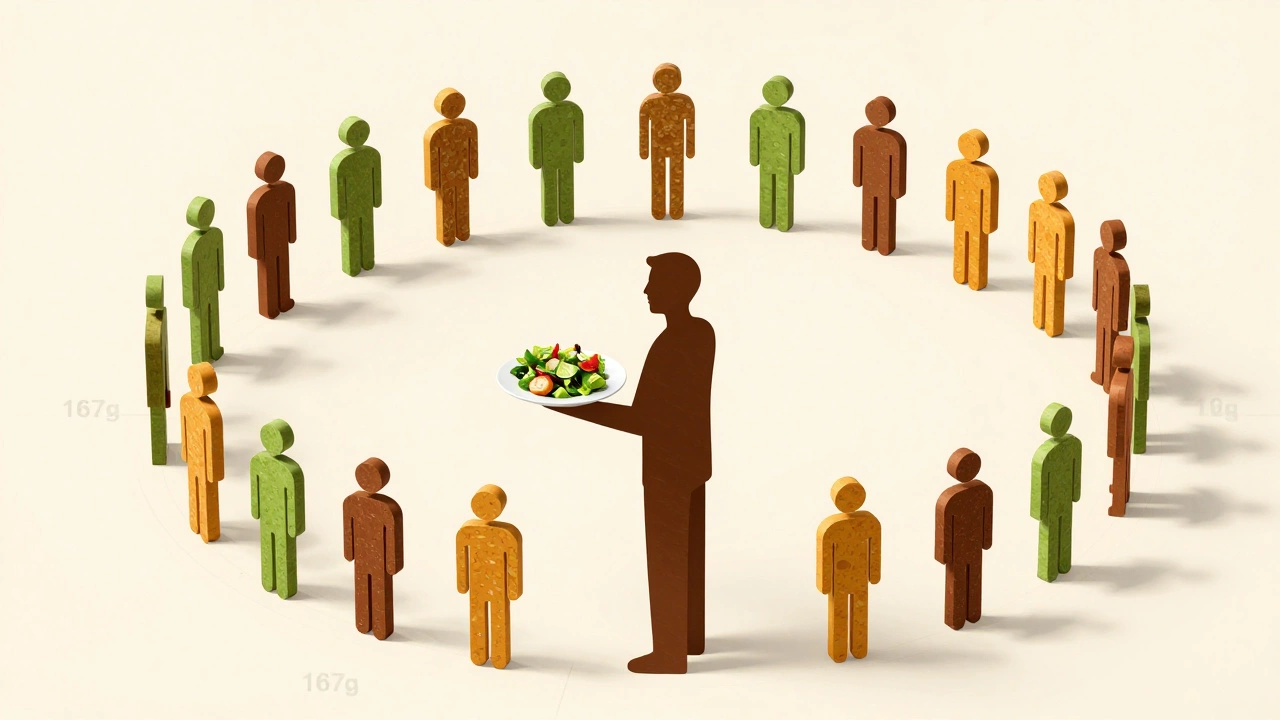 Стилизованная схема: 30 человек и идеальная порция салата — 167 г на человека.