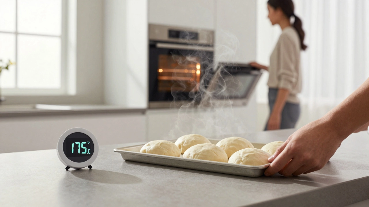 Термометр и камень для выпечки на столе, рука кладет тесто, женщина уходит от плиты.