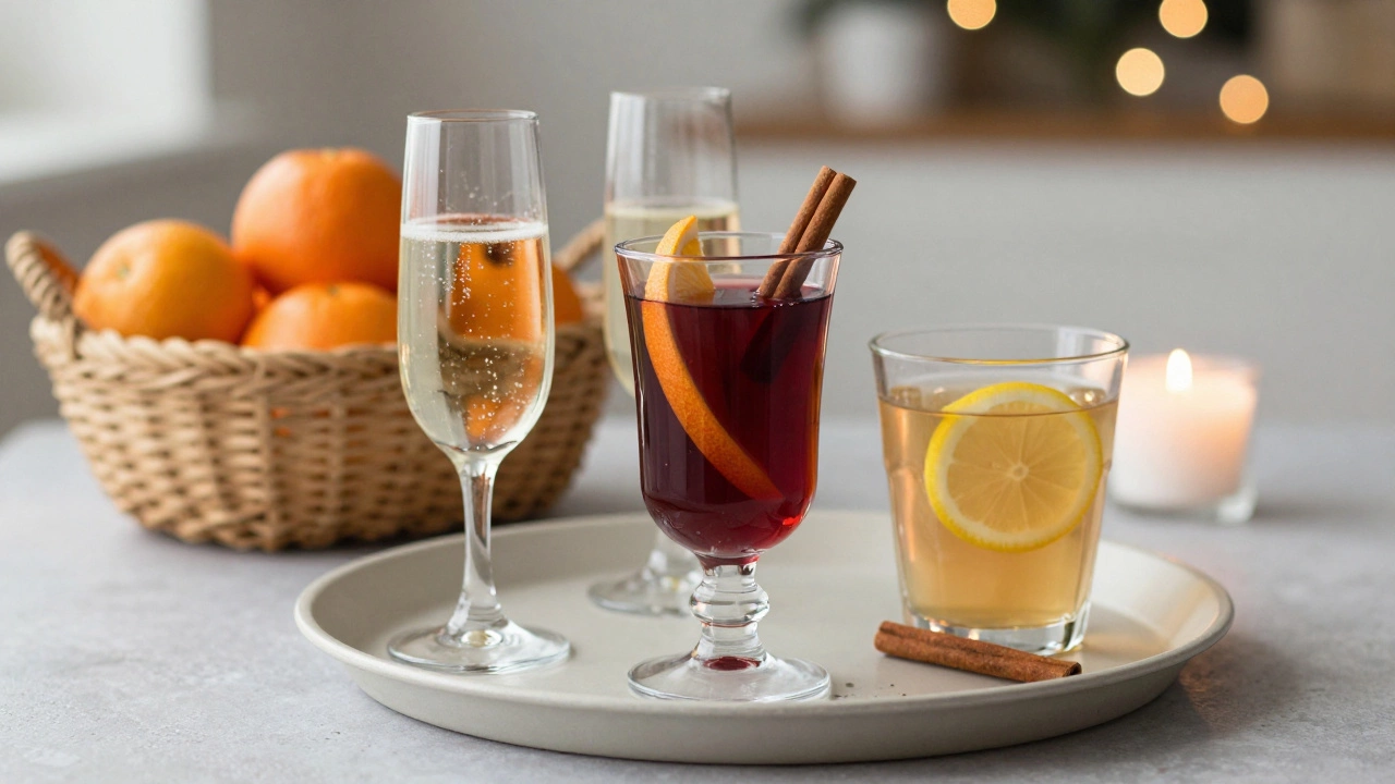 Три напитка на подносе: шампанское, глинтвейн и чай с лимоном, рядом — корзина с мандаринами.