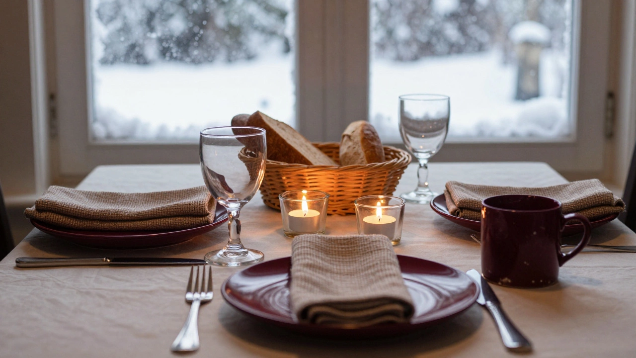 Зимний стол с бордовыми тарелками, тканевыми салфетками, свечами в стеклянных подсвечниках и снегом за окном.