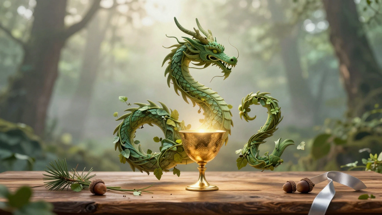 Абстрактный дракон из листьев и виноградных лоз, обнимающий золотой кубок в туманном лесу.