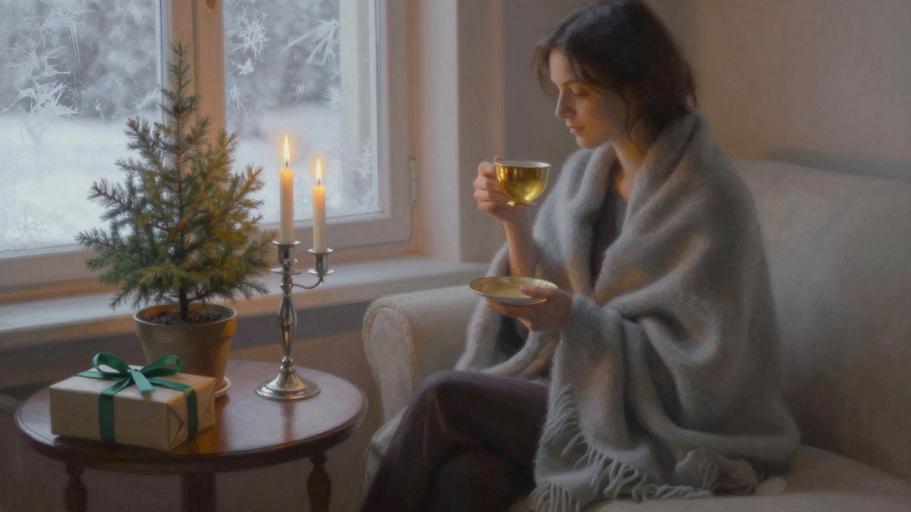 Человек в сером шарфе с золотой чашкой и серебряной свечой у окна с инеем.