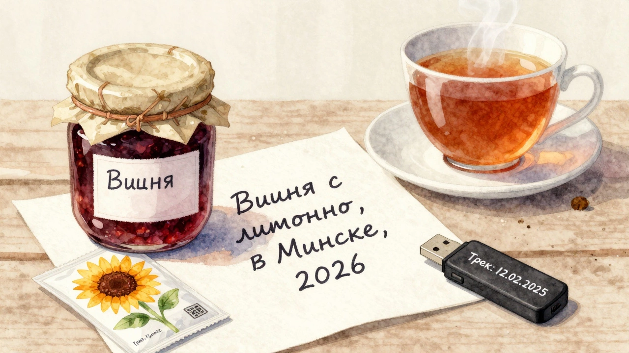 Домашнее варенье, семена и флешка с музыкой лежат на бумаге с рукописным пожеланием — тихо, тепло, по-настоящему.