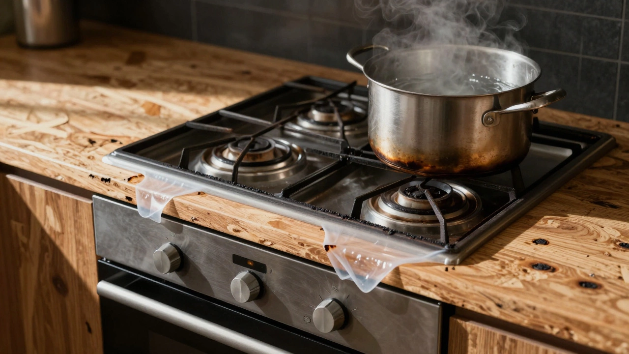 Духовка на поврежденной столешнице из ДСП, рядом — металлический котел, пар поднимается от перегрева.