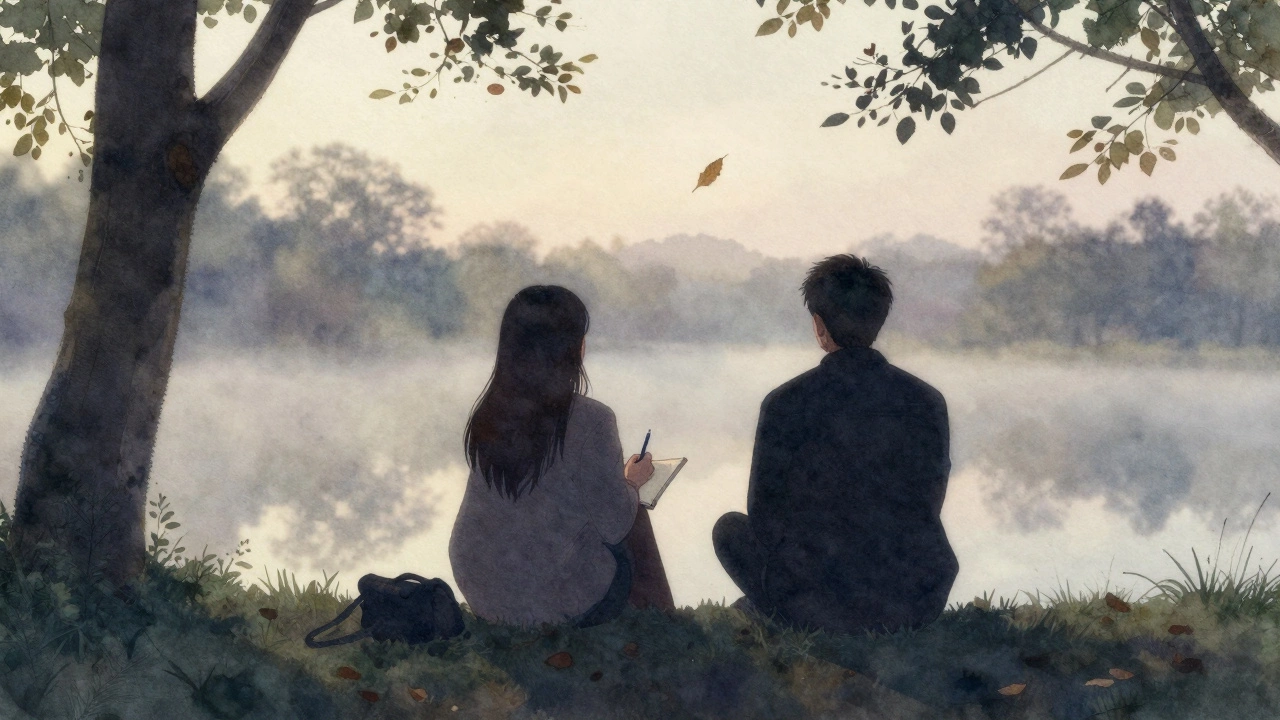 Два человека в парке на рассвете, молча сидящие вместе, без телефонов.