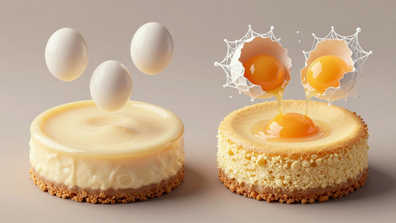Два чизкейка: один гладкий и кремовый, другой треснутый — символизирующие влияние количества яиц на текстуру.