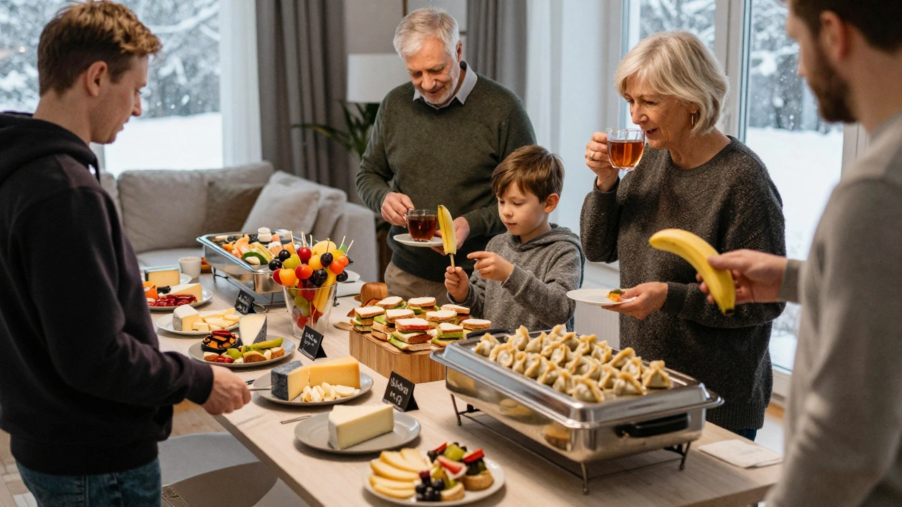 Гости выбирают еду с фуршетного стола, ребёнок держит фрукт на палочке, за окном снег