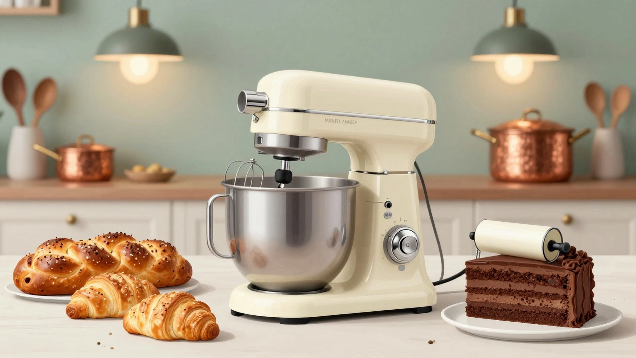 Kenwood Chef Major KM030 stand mixer with attachments and freshly baked pastries on a countertop.