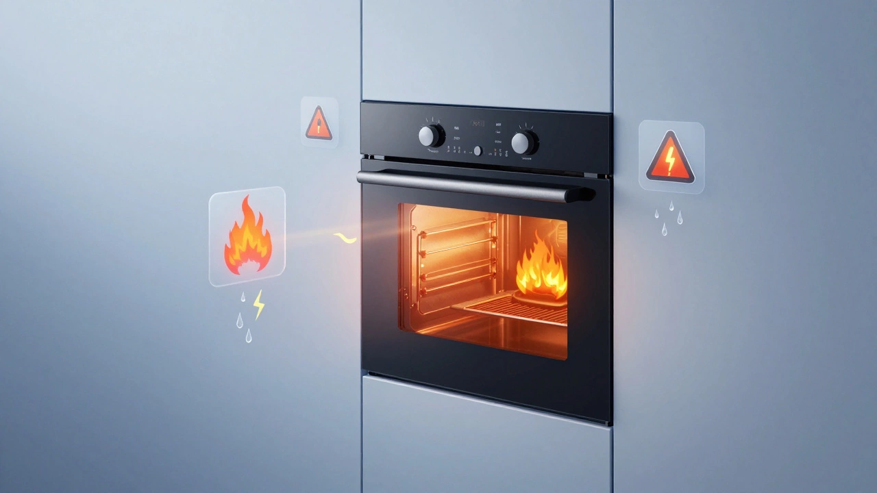 Концептуальное изображение духовки без боковых панелей, окруженной символами перегрева, конденсации и электрической опасности.