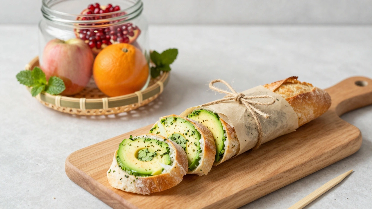 Мини-рулеты и фрукты в корзинке с мятой, поданы на деревянной доске в офисе.