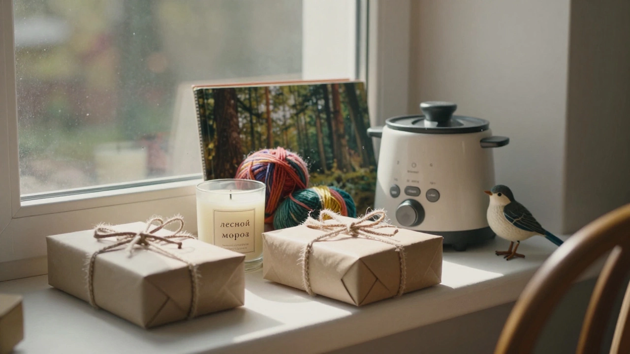 Пять красиво упакованных, но ненужных подарков лежат на подоконнике, untouched и безжизненно.