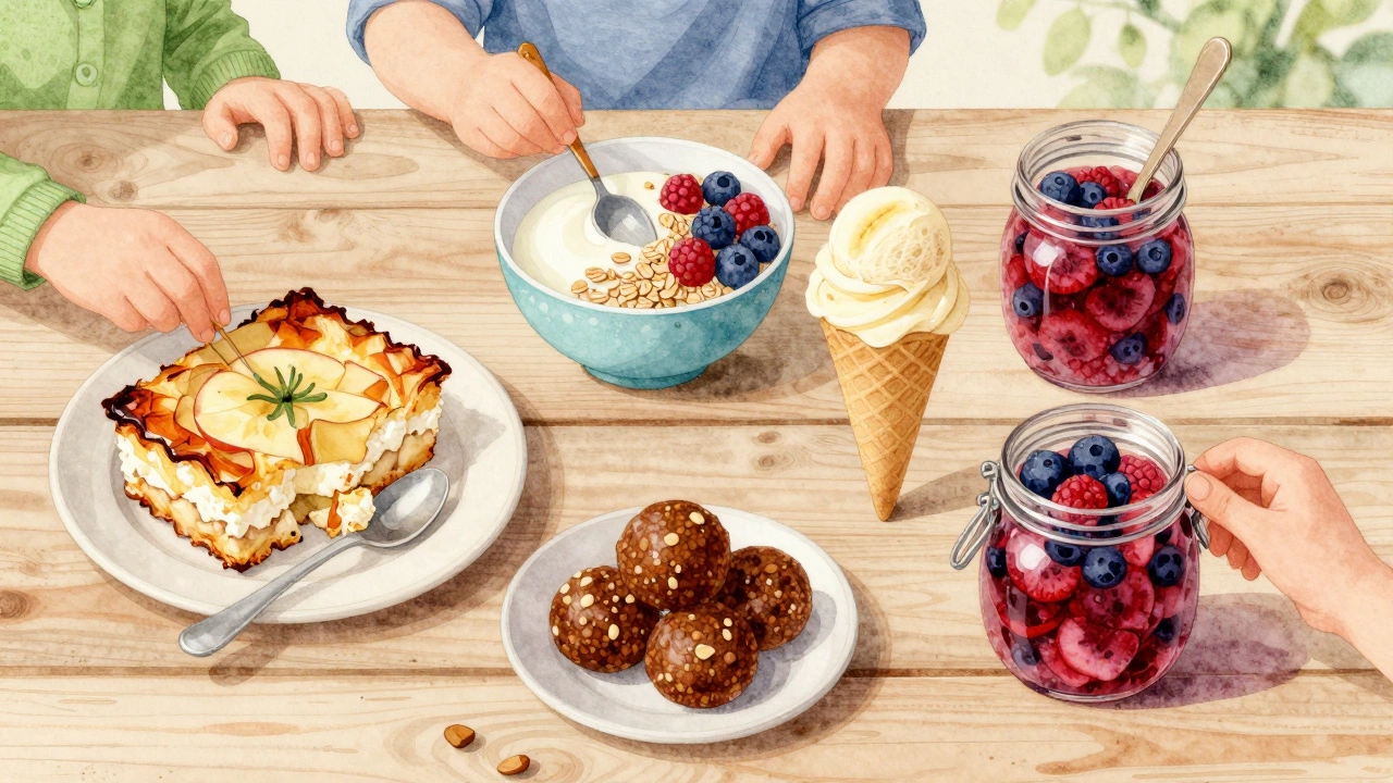 Пять полезных десертов для детей на деревянном столе: запеканка, йогурт, мороженое, печенье и кисель.