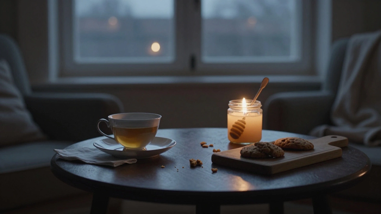 Пустой стол после чаепития: половина чашки, свеча, ложка в мёде и крошки печенья при сумеречном освещении.