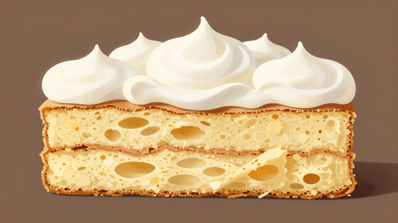 Разрез тортового бисквита с воздушной пористой структурой, созданной яйцами, рядом с провалившимся аналогом.