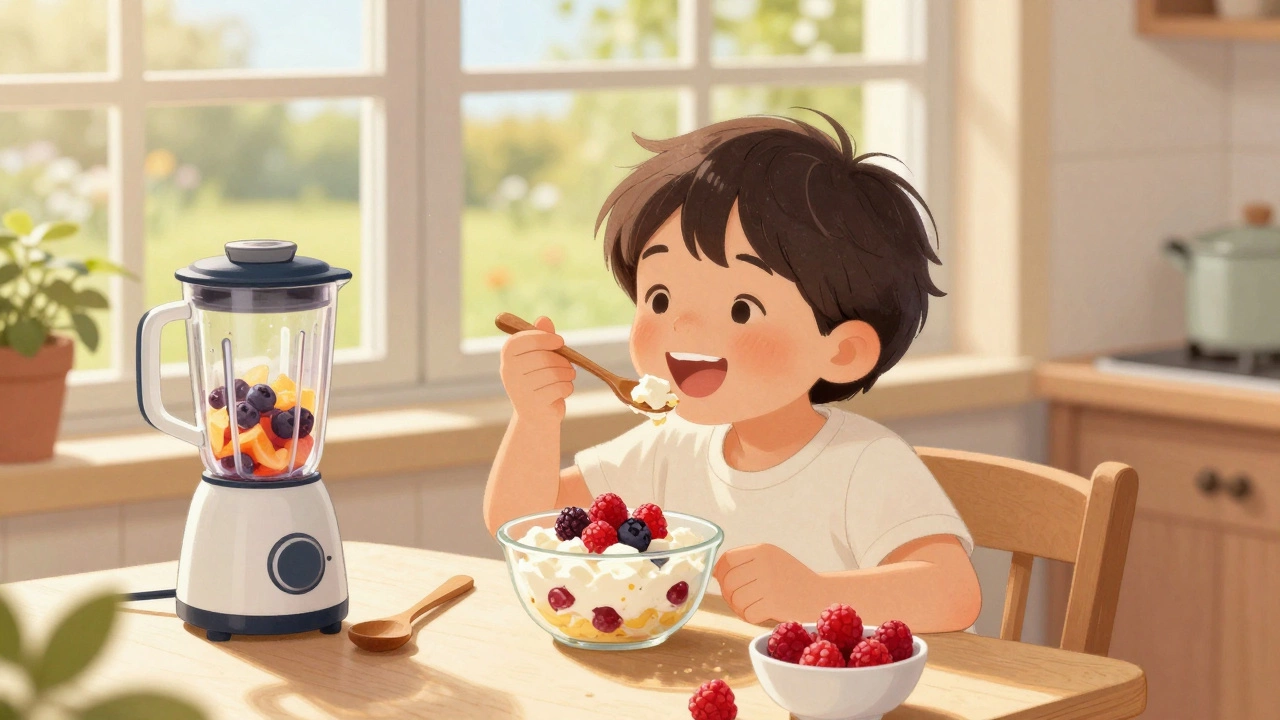 Ребёнок ест творог с ягодами, счастливо улыбаясь, рядом — свежие фрукты и кухонные принадлежности.