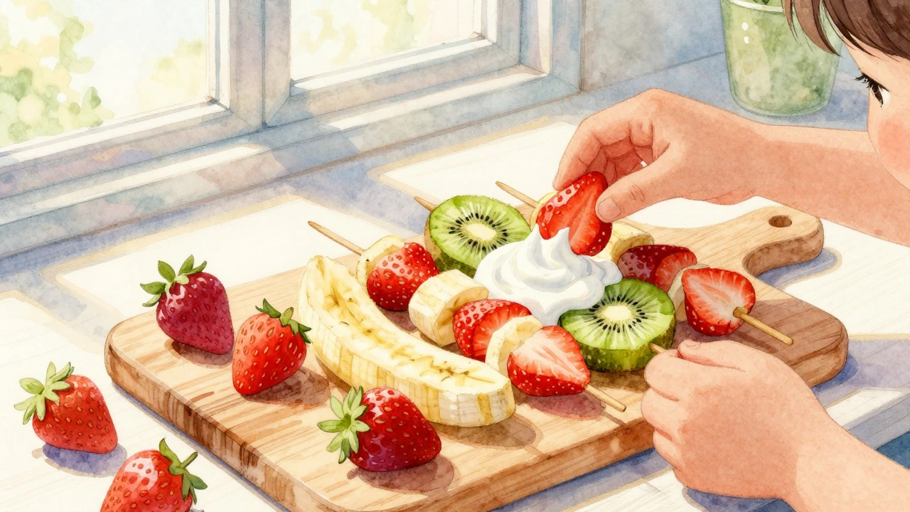 Ребенок готовит фруктовые шпажки со йогуртом и ягодами.