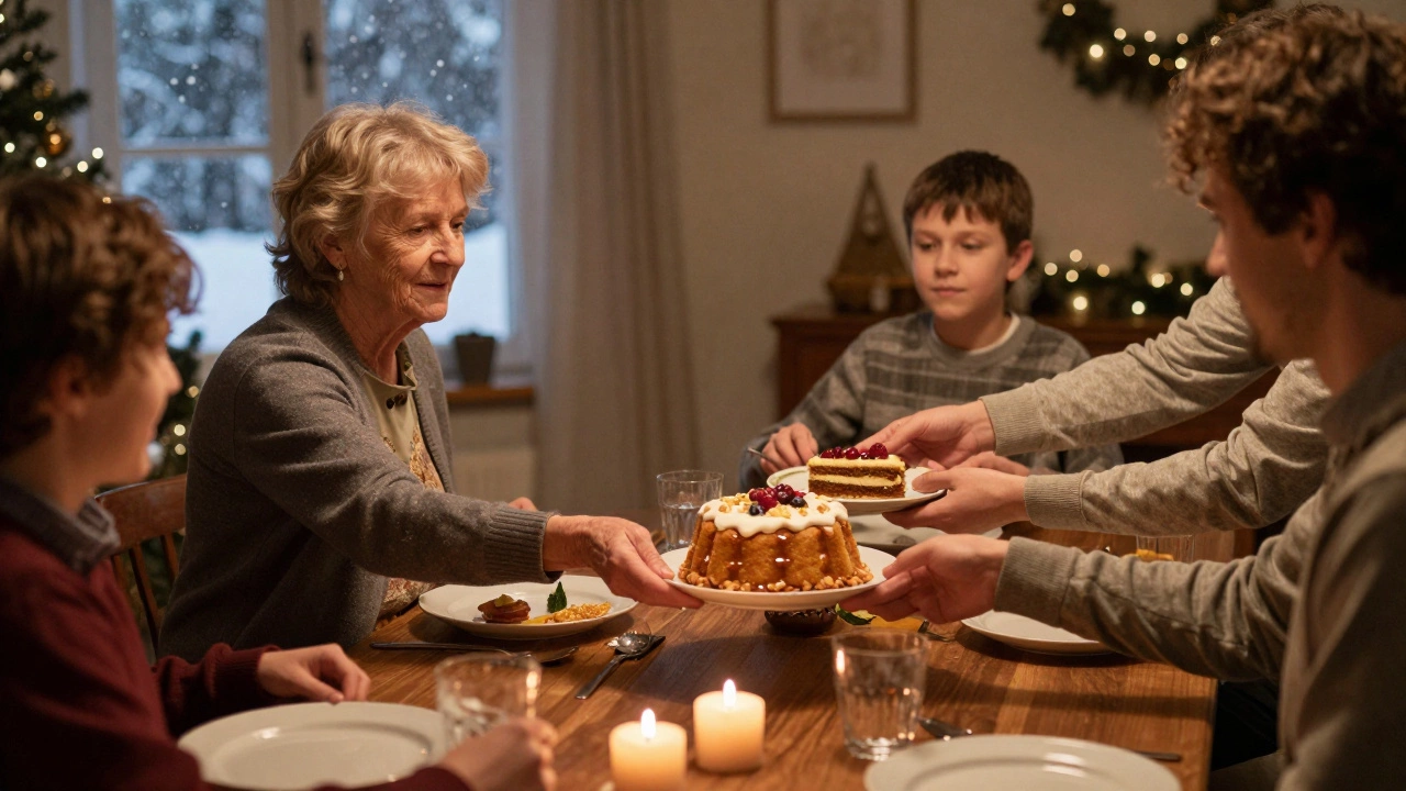 Семья передаёт блюда за праздничным столом: старшее поколение подаёт медовик, молодое — растительный десерт, за окном снег.