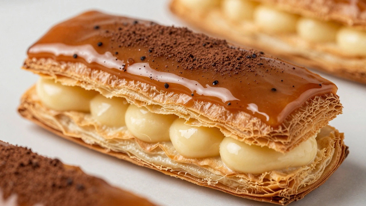 Детали десерта: слоёное тесто, карамельная глазурь и тёмные частички ванили в креме.